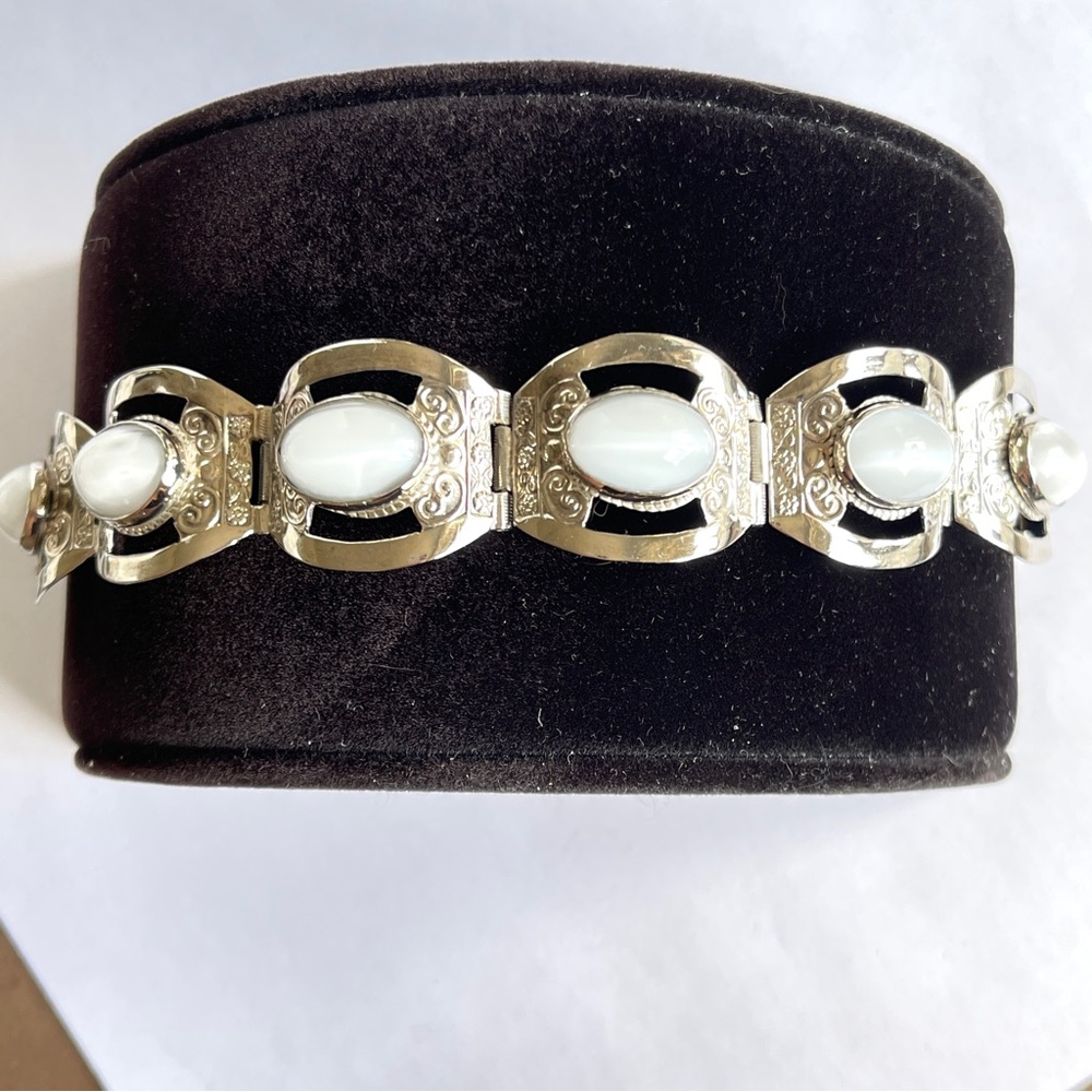 Vintage Taxco White Stone Sterling Silver Panel Bracelet 7”